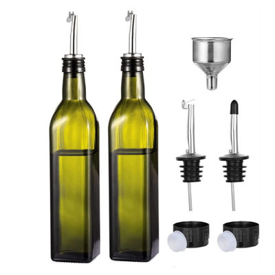 Glasdunkelgrüne Küchenölflasche mit Edelstahl-Sprooch-Trickel Quadrat 500ml 2 Stück