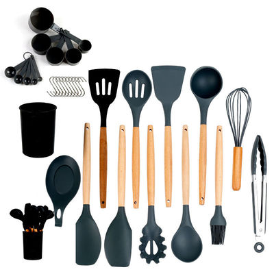 Silikon Kochgeschirr-Set 33-teiliges Geschirr mit klebfreiem Spatel und Holzgriffe