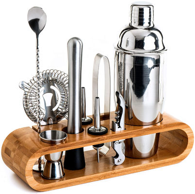 Minimalistisches Design 10 in 1 Edelstahl Cocktail Shaker Set mit Holzständer 750 ml