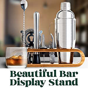 Minimalistisches Design 10 in 1 Edelstahl Cocktail Shaker Set mit Holzständer 750 ml