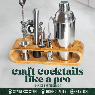 Minimalistisches Design 10 in 1 Edelstahl Cocktail Shaker Set mit Holzständer 750 ml