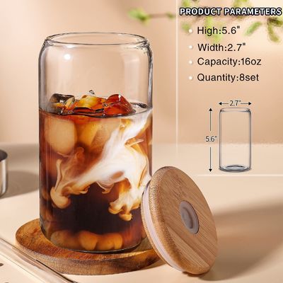 Hohe Borosilikat Glas Mason Jar mit Bambus Deckel und Stroh 16oz klare Glasbecher