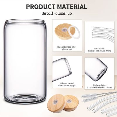 Hohe Borosilikat Glas Mason Jar mit Bambus Deckel und Stroh 16oz klare Glasbecher