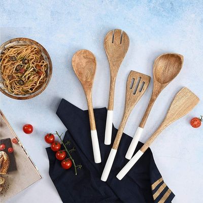 5 Stück Akazienholz Küchensatz Löffel Spatula Gabel Schlitz Turner Ecklöffel