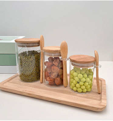 Durchsichtige Glasregal-Lebensmittelbehälter mit funktionellem Design und rundem Bambusdeckel