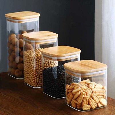 Modernes Design Lebensmittelbehälter mit Bambusholzdeckel 300 ml 500 ml Gewürzglasglas