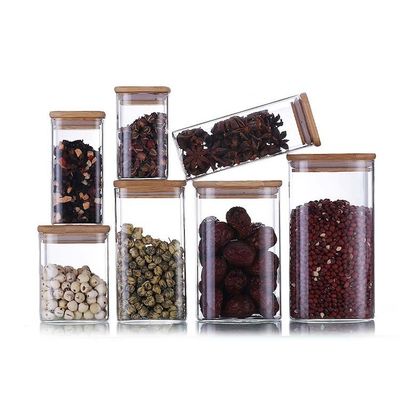 Modernes Design Lebensmittelbehälter mit Bambusholzdeckel 300 ml 500 ml Gewürzglasglas