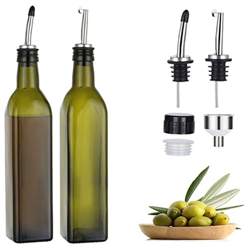 Glasdunkelgrüne Küchenölflasche mit Edelstahl-Sprooch-Trickel Quadrat 500ml 2 Stück