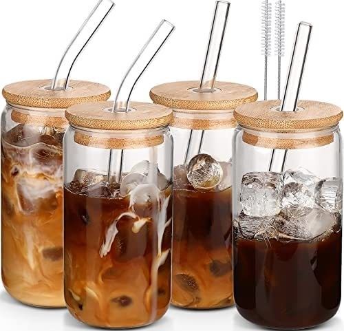 Hohe Borosilikat Glas Mason Jar mit Bambus Deckel und Stroh 16oz klare Glasbecher