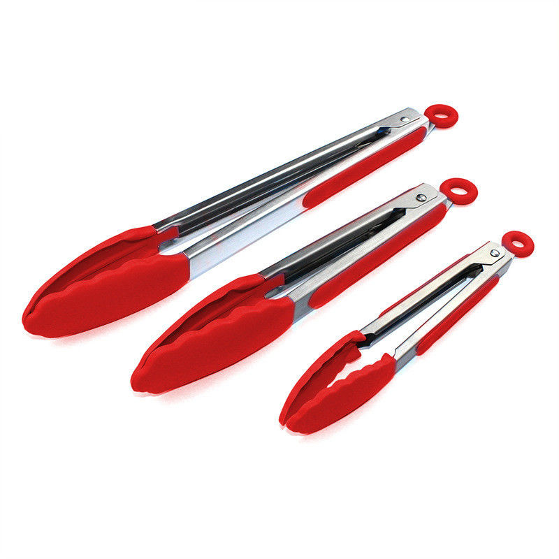 Rote Silikon-Klammer Edelstahl-Küchengrillzangen für Outdoor-Camping BBQ-Buffet