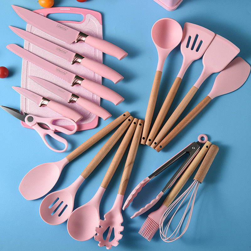 19 Stück Holzgriffe Silicone Küchengerät Set für Kochgeräte und ausgestattetes Restaurant